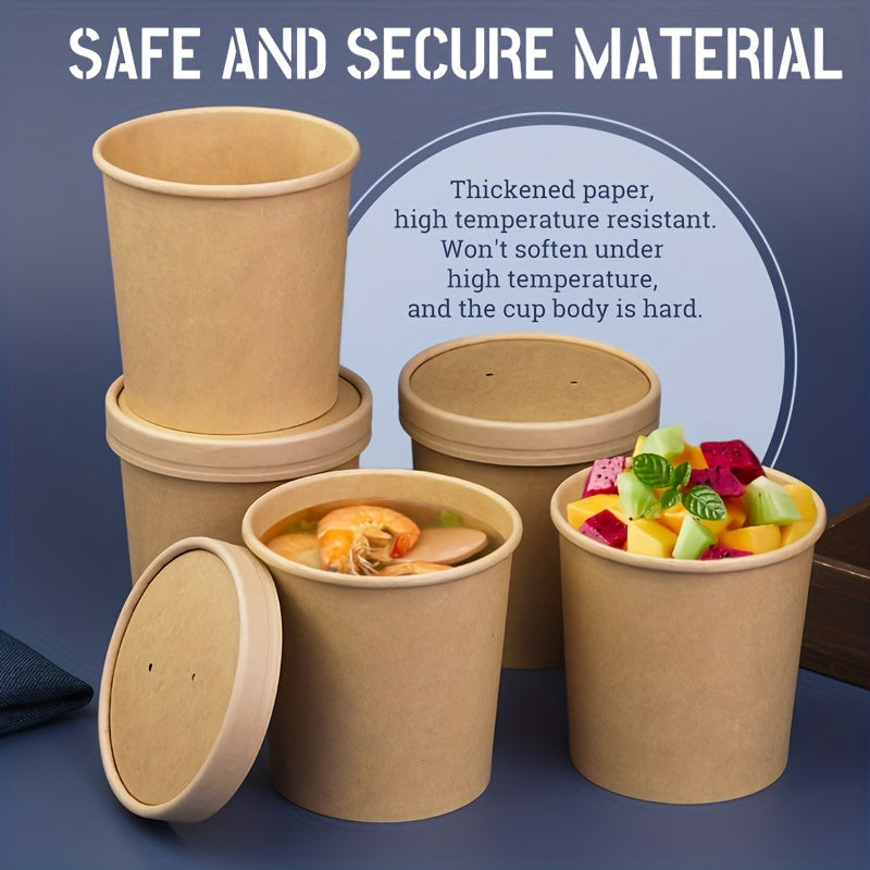 50 pieces of paper bowls with lids, ice cream cups with lids that hold 16 ounces, disposable paper soup cups, paper food containers, kitchen accessories, and home kitchen items in brown color.