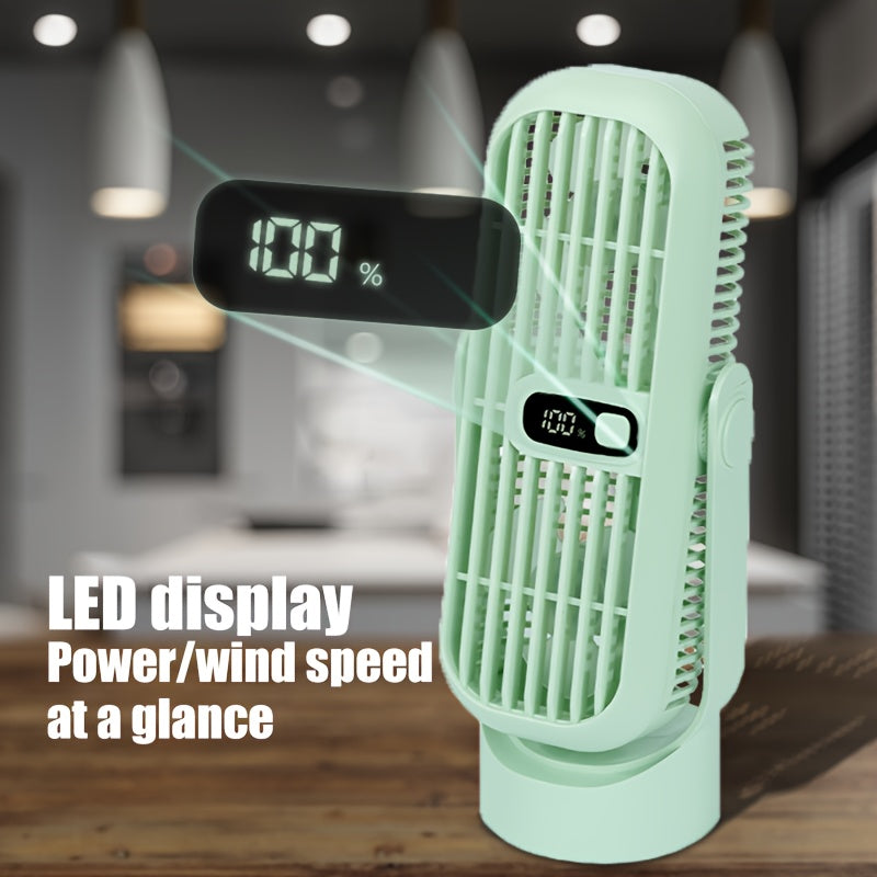 Get the 1pc Super Silent USB Rechargeable Desktop Tower Fan with 5 different speeds, a long-lasting battery, and powerful wind output. This fan features an LED display and a portable, bladeless design for safety. It is perfect for use in homes, offices