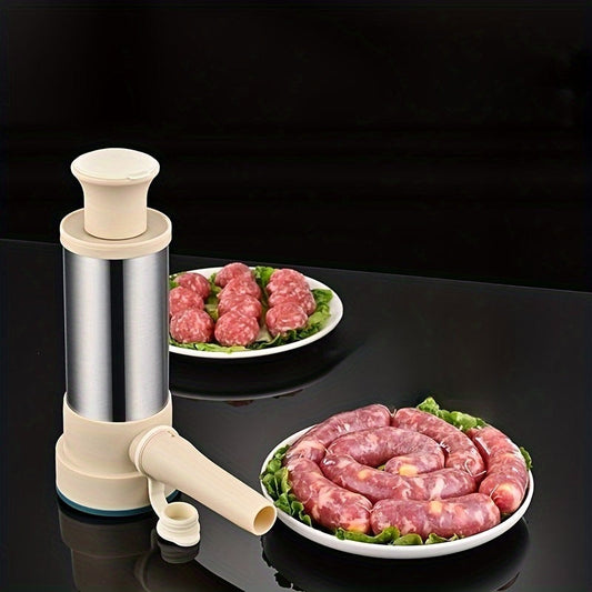 One-piece set of a manual hand-operated stainless steel sausage stuffer with 3 nozzle attachments. A durable kitchen tool for making homemade sausages, salami, and chorizo.