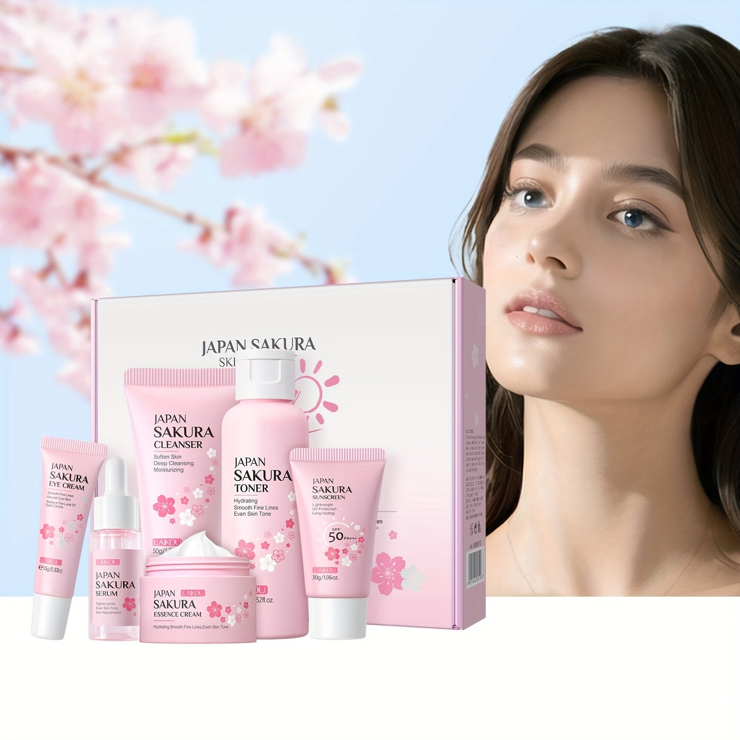 LAIKOU Sakura Skincare 6-piece Set includes Serum, Cleanser, Toner, Face Cream, Eye Cream, Day/Night Moisturizer, and Sun Cream.