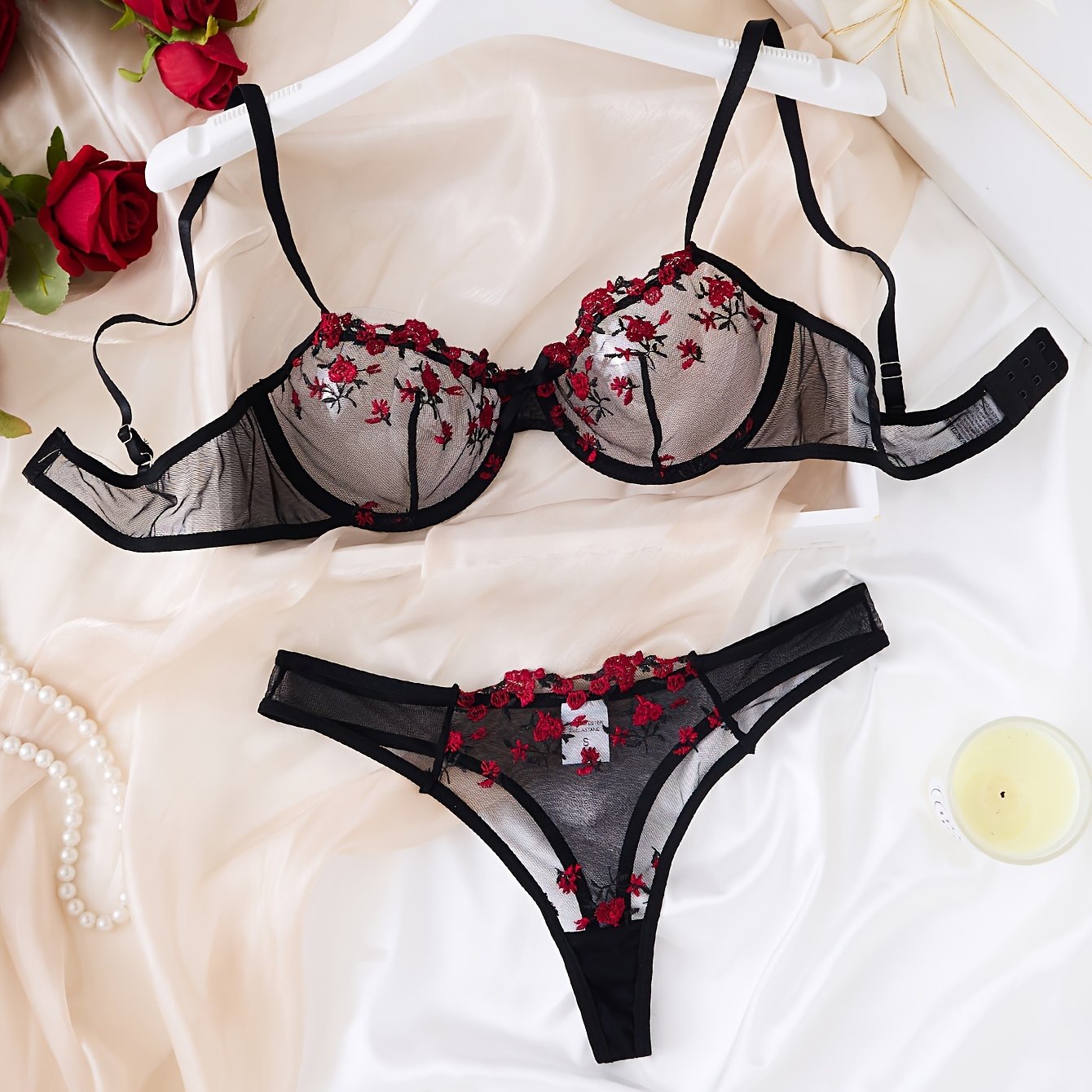 Floral Embroidered Mesh Cami Bra & Thong Set, Women's Sexy Lingerie