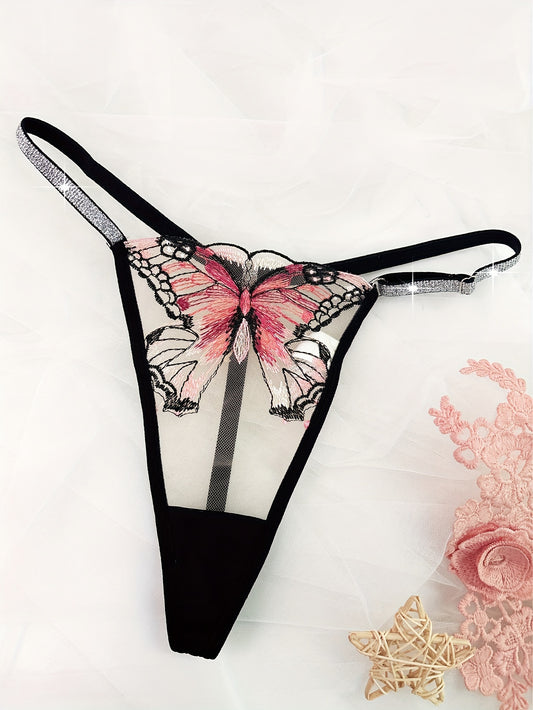 Butterfly print glitter belted mesh thongs, hot semi-sheer intimate panties, sexy women's underpants.