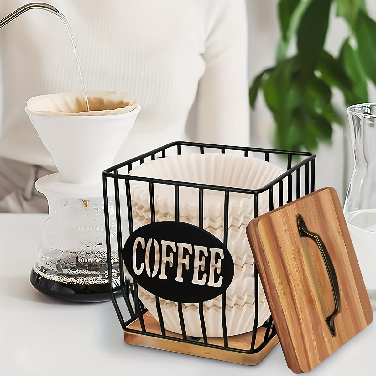 Stylish Black Wire and Wood Coffee Pod Holder with Lid - Holds Plenty of K-Cups, Tea Bags & More - Great for Home or Office Counter Organization