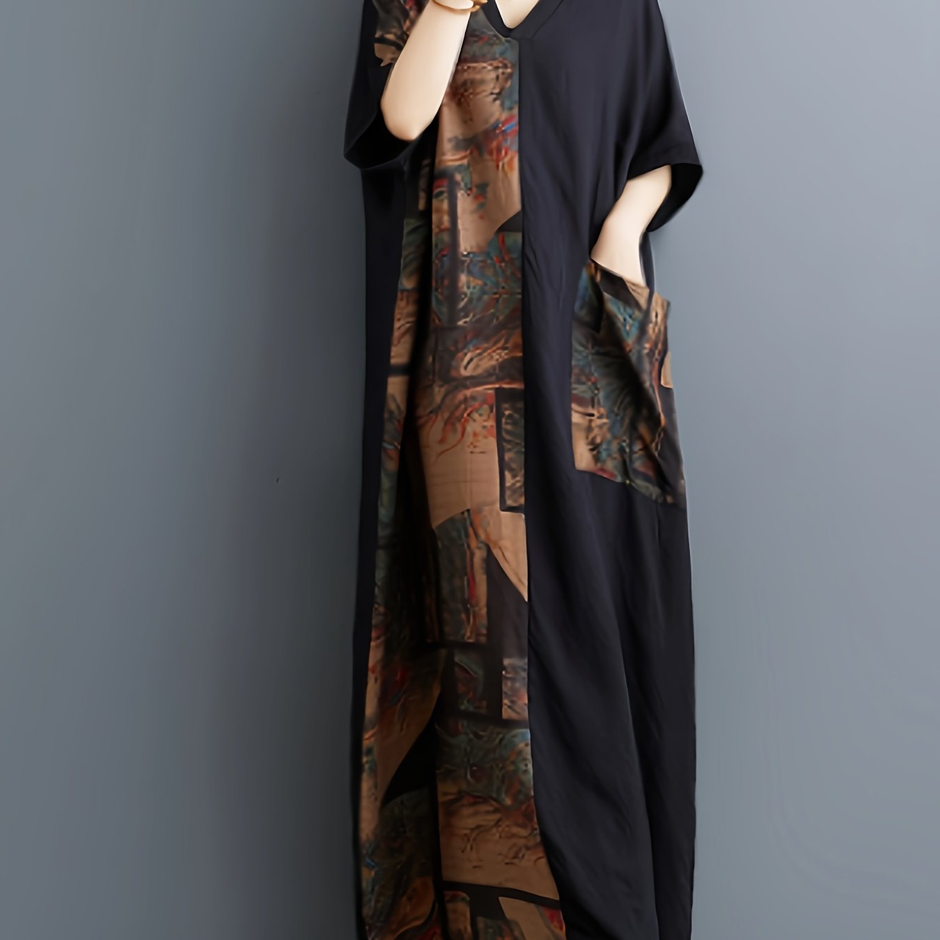 Women's Casual Viscose Patchwork Dressing Gown in non-stretch woven fabric with pocket details, suitable for spring/summer/fall season in adult size.