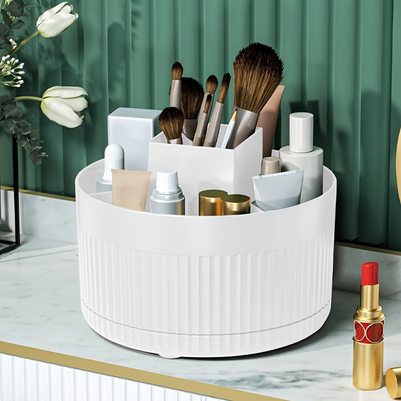 White rotating makeup organizer with textured design, durable plastic, no assembly necessary. Ideal for storing brushes, skincare products, and beauty tools.