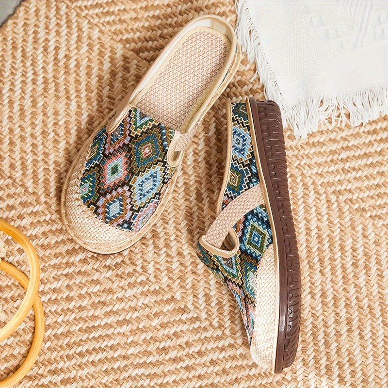 Stylish geometric print mules with embroidered details, closed toe, and non-slip sole for comfortable daily wear.