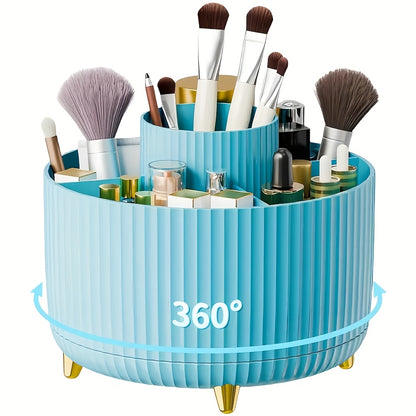 360° Rotating Makeup Organizer with 5 compartments for brushes, lipsticks, skincare, and stationery. Durable unscented desk caddy with luxury stripe design.