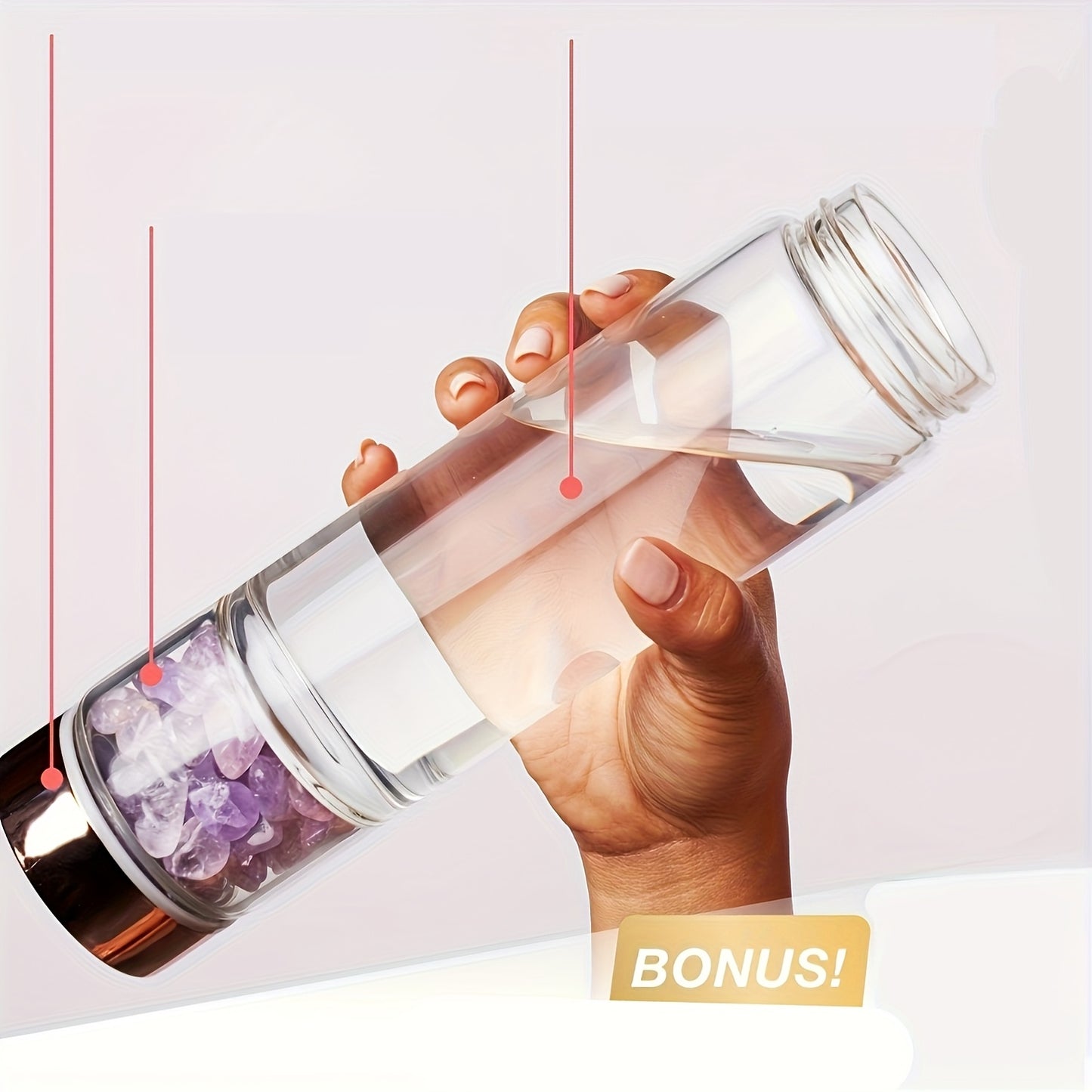 Water bottle with glass construction, removable amethyst, and protective cover included.