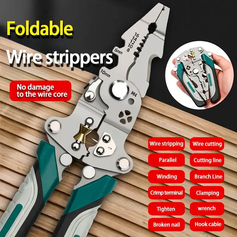 Multi-functional wire strippers made of industrial grade chrome vanadium steel with various functions for electricians, home renovation, and DIY projects.