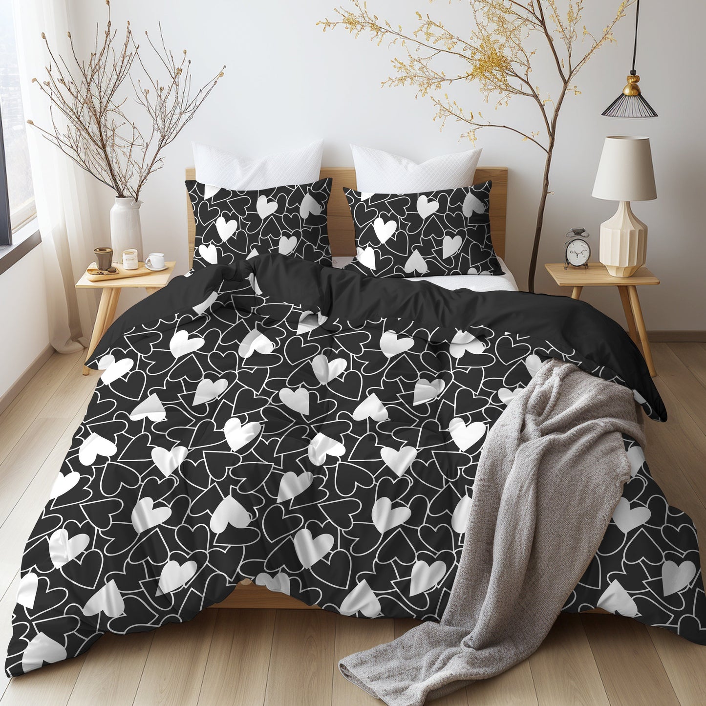 Get ready for the season of love with our Heart Print Valentine's Day Bedding Set. This set includes 1 Duvet Cover and 2 Pillowcases, all brushed for a soft and comfortable feel. Perfect for any bedroom or guest room, this skin-friendly set is suitable