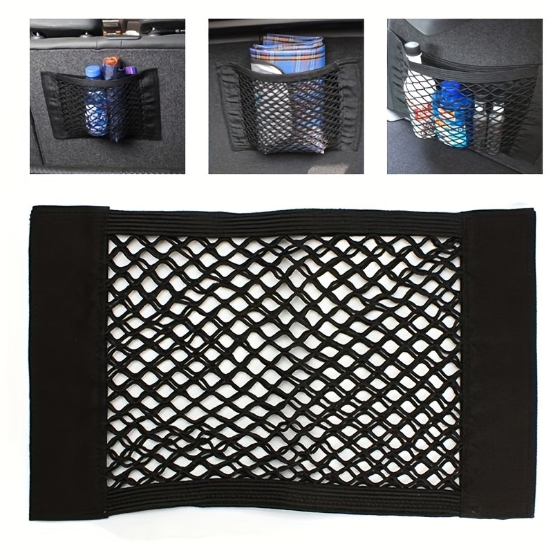 Universal car seat back organizer with elastic string net for easy storage and cleaning, car accessory.