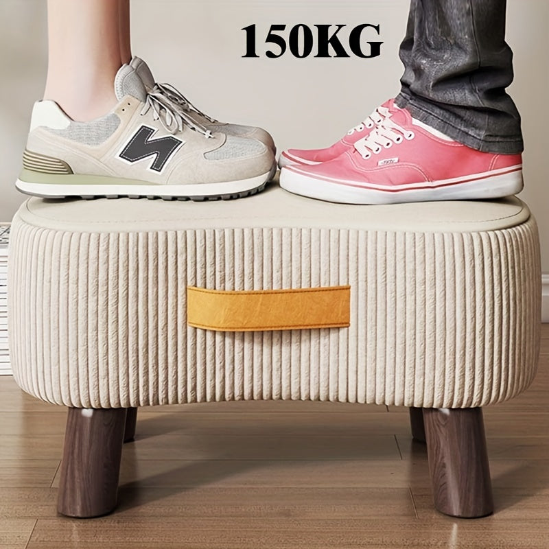 Elegant White and Orange Wooden Footstool with Polyester Cover - Multi-Purpose Shoe Changing Seat for Living Room or Bedroom