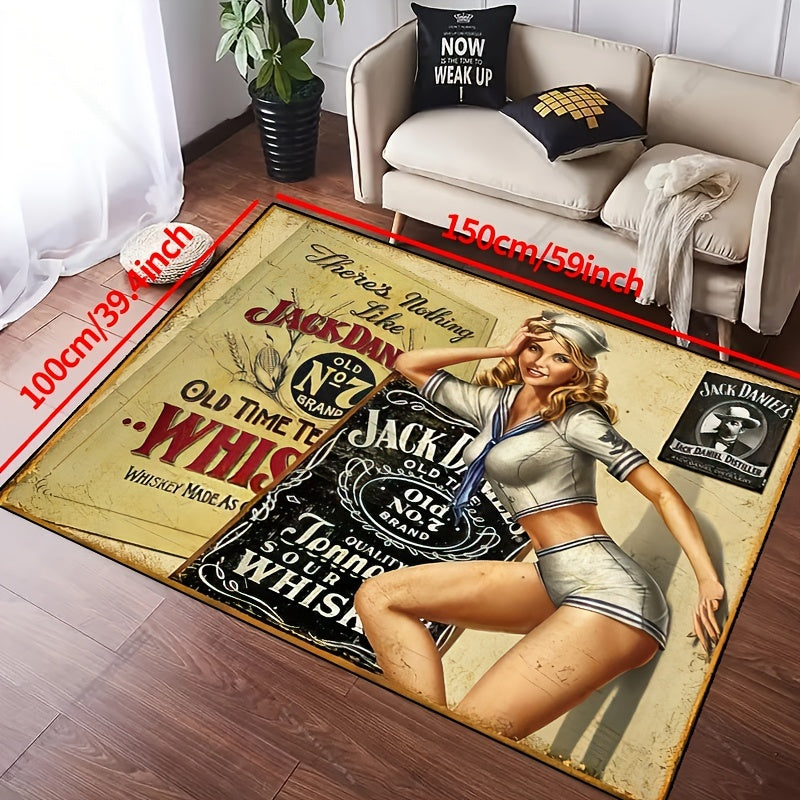 1 piece of Jack Daniels Beauty Polyester Rug with non-slip, machine washable, waterproof features. Suitable for indoor and outdoor use, this durable rug can enhance the decor of your living room, bedroom, nursery, patio, or garden.