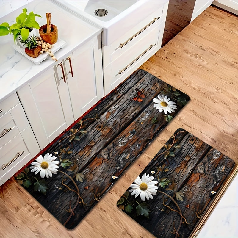 1 piece of Sponge Floor Mat with a weight of 122-483g, featuring a 8mm thickness and a retro Daisy Wood Grain Pattern design. This versatile floor mat can be used in the living room, bedroom, kitchen, bathroom, or even outdoors. It is a decorative bath