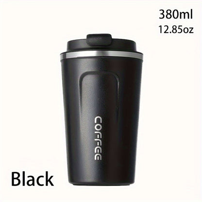 Reusable stainless steel travel mug in 12.85oz/17.25oz sizes, leak-proof and insulated for hot or cold drinks, ideal for both summer and winter, perfect birthday gift. Hand wash only.