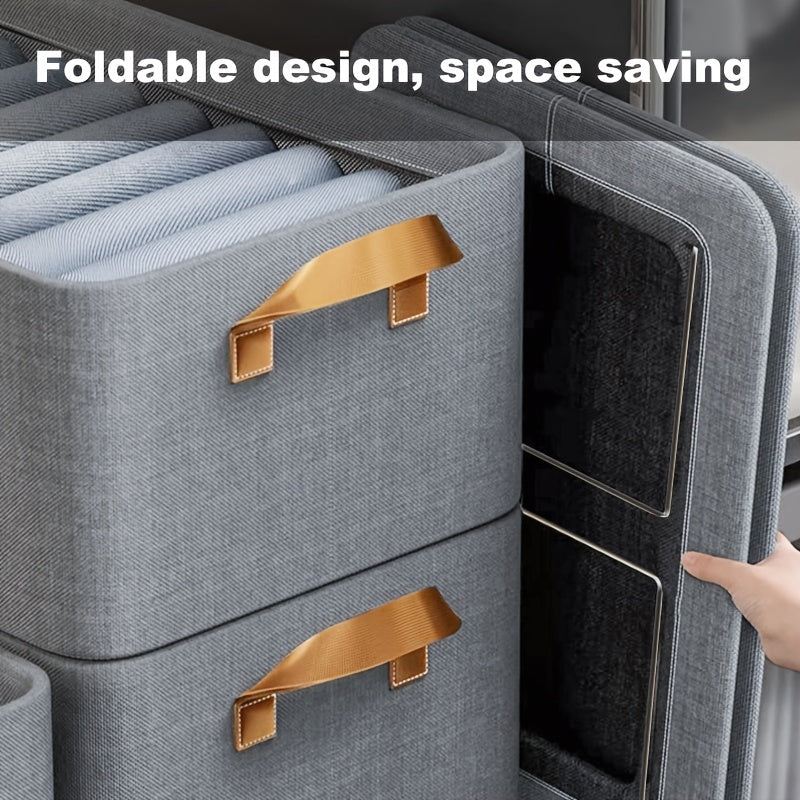 Two folding storage bins featuring metal frames, made of household fabric with handles. These large capacity boxes are perfect for storing clothes or toys in a closet, wardrobe, dorm room, or under the bed, serving as a space-saving organization solution.