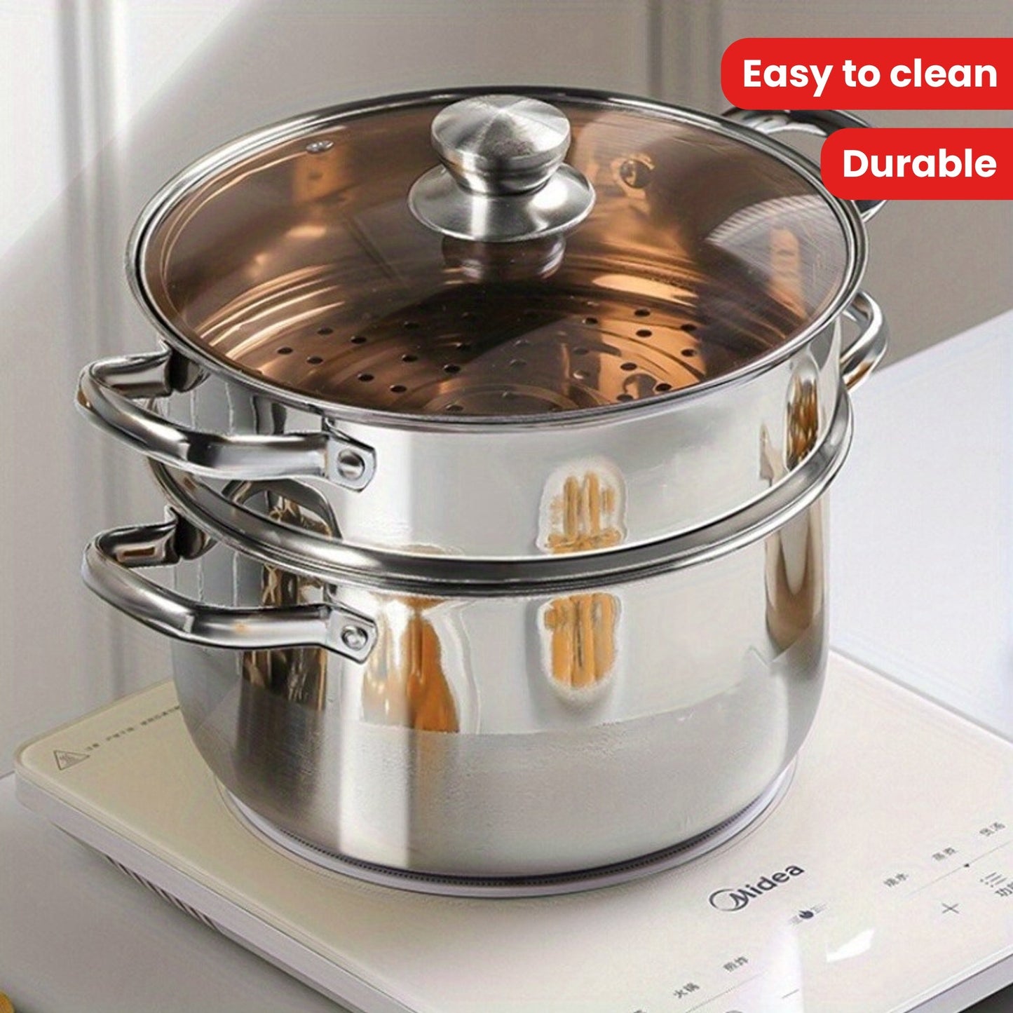 Stainless Steel Steamer Pot with Lid, 1 Piece, Semi-Sand Bright Finish, Includes Steam Grid, Easy to Clean and Durable, Compatible with Induction & Gas Stoves, Ideal for Cooking, Frying, and Hot Pot - Essential Kitchen Cookware