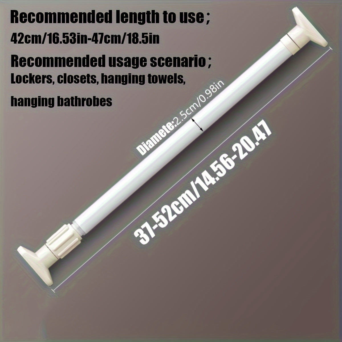 Adjustable tension curtain rod for shower, closet, window, or towel rack. Heavy-duty, no-drill, metal and plastic.