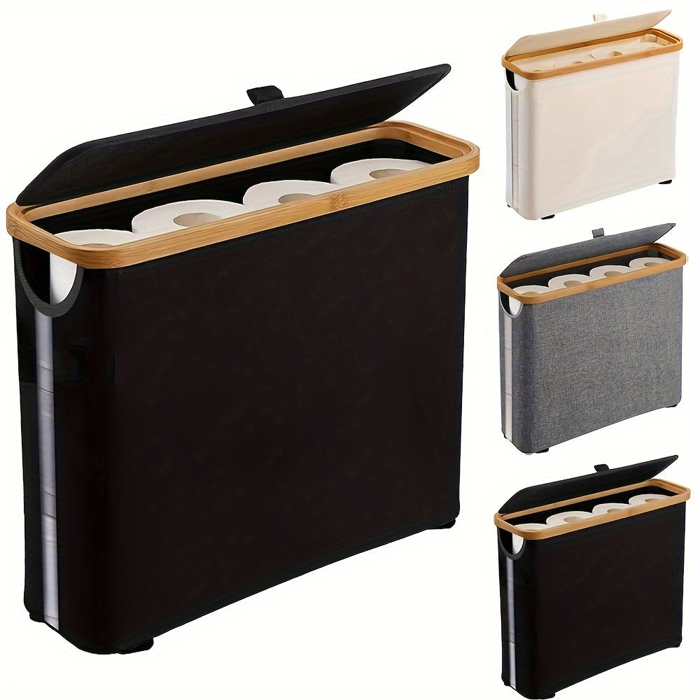 One sleek black bamboo storage basket for the bathroom featuring a handle and lid. This rectangular organizer is perfect for neatly storing tissue rolls, hand towels, and other bathroom accessories. Its ultra-thin design makes it ideal for small spaces