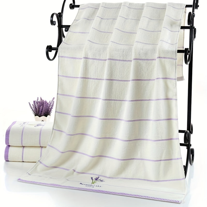 3-piece Lavender Pattern Towel Set includes a bath towel (70.0 x 140.0 cm) and 2 face towels (34.01 x 73.99 cm), made of soft, comfortable fabric for your bathroom needs.