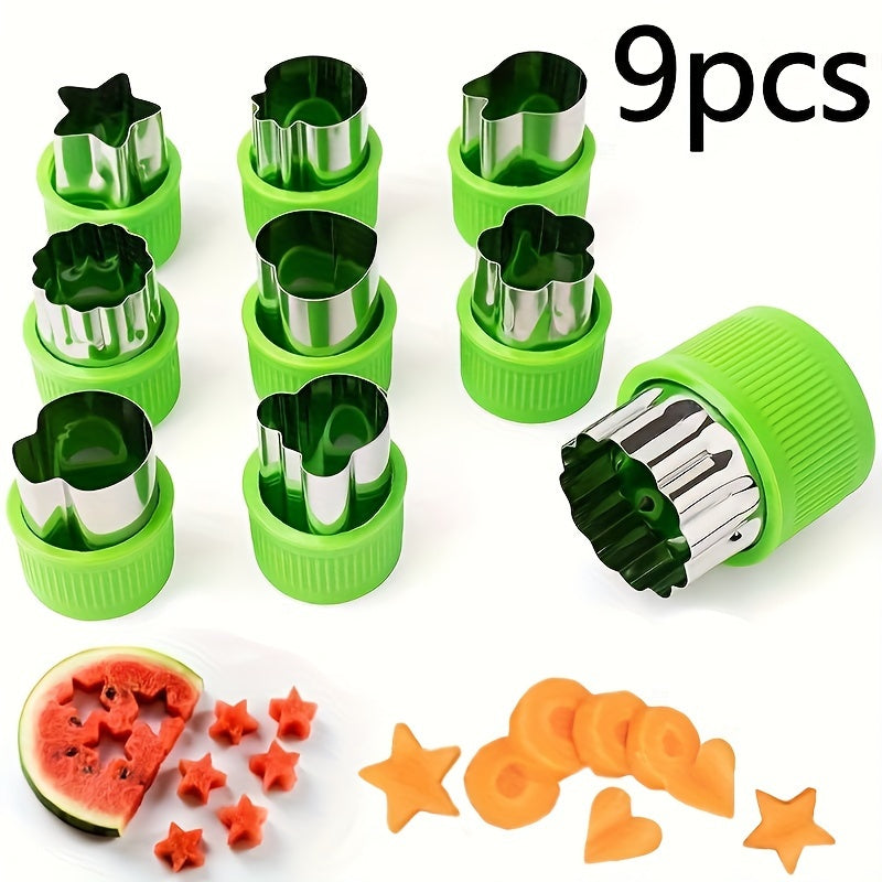 Set of 9 mini vegetable cutter shapes made of stainless steel, perfect for young bakers to use as fruit and cookie stamps. Great for baking, pastry making, and food decorating.