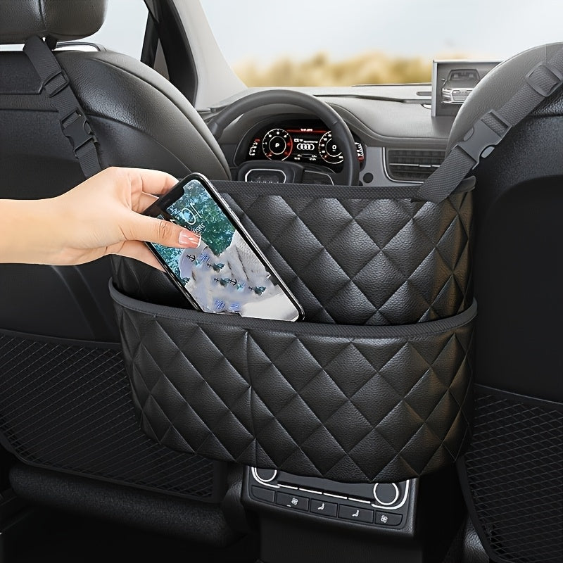 Durable faux leather organizer for car seats with large capacity, storage mesh bag, and hanging mount.