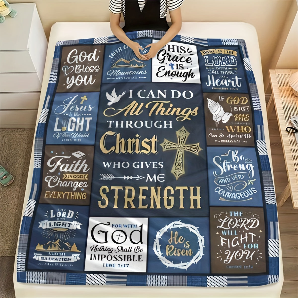 One piece of Christian Inspirational Quotes Flannel Fleece Throw Blanket featuring Religious Scripture Verses. This tear-resistant blanket is perfect for all seasons and has a digital print design. Made of polyester in a contemporary style, it is a great