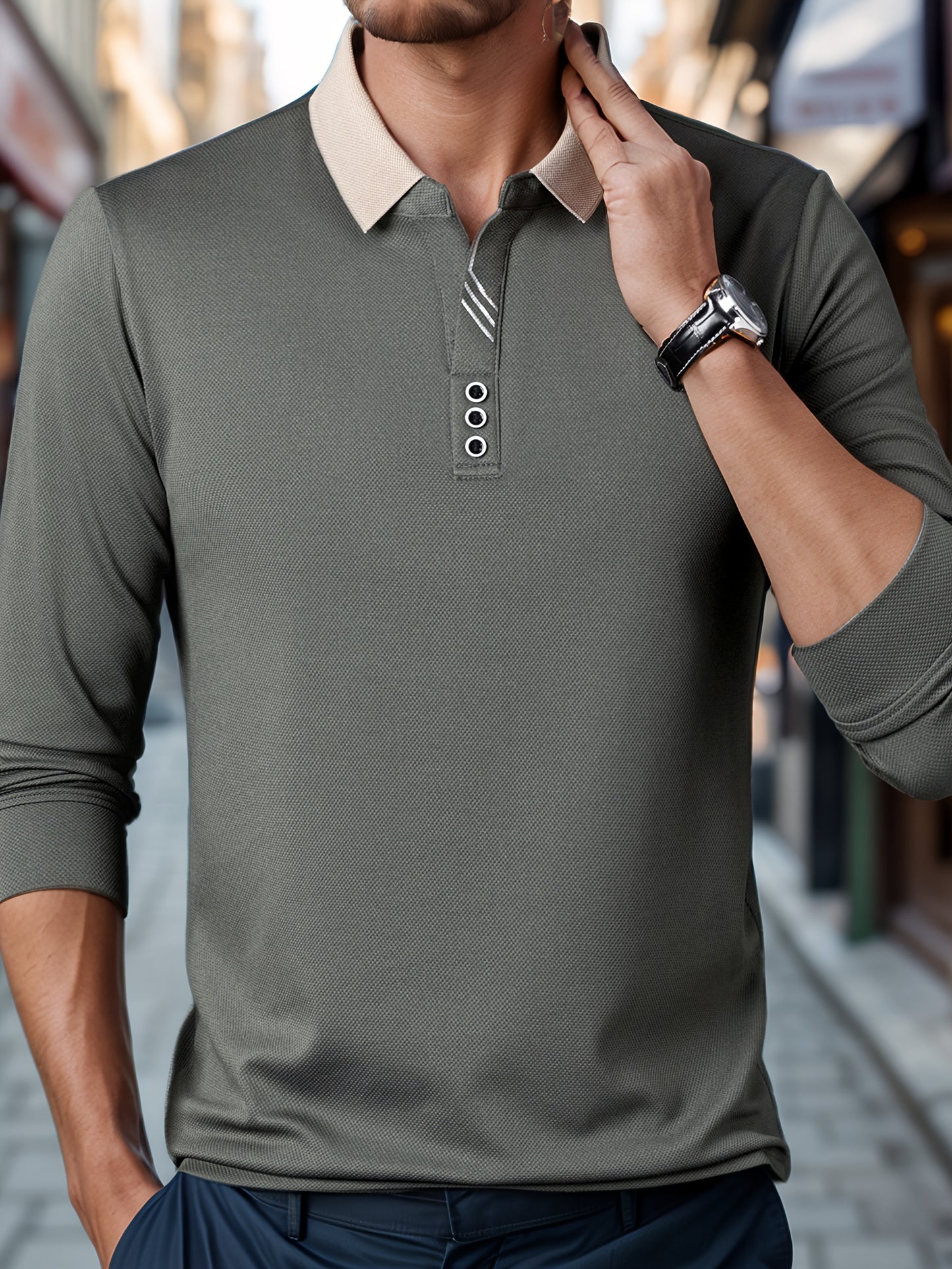 Men's Casual Golf Shirt for Outdoor Adventures, made of 100% Polyester Knit Fabric, featuring Long Sleeve with Lapel Collar and Button Detail in Solid Color, Regular Fit.