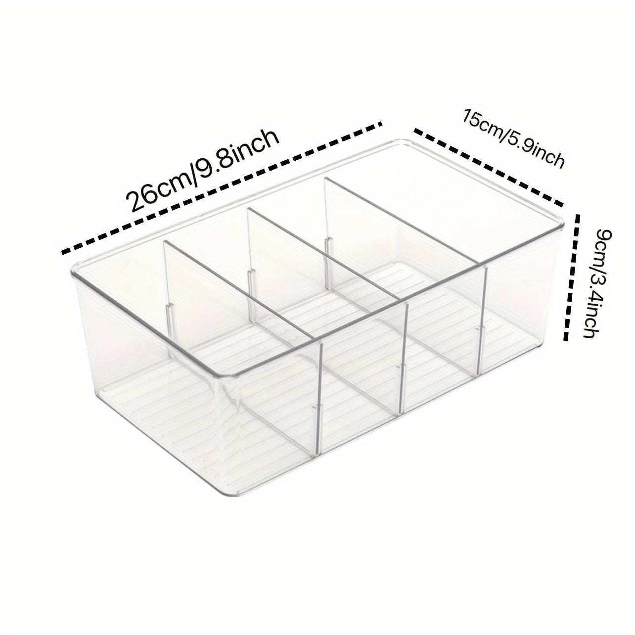 Transparent refrigerator organizer bins available in sets of 2, 4, or 6, featuring removable dividers. Ideal for storing various items such as fruits, vegetables, meat, eggs, ginger, garlic, and more. Perfect for keeping your kitchen organized at home or