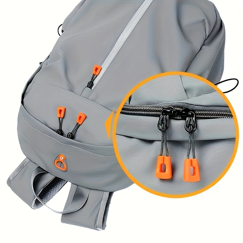 Men's light gray backpack made of stylish polyester with zippered compartments, adjustable straps for school and outdoor travel.