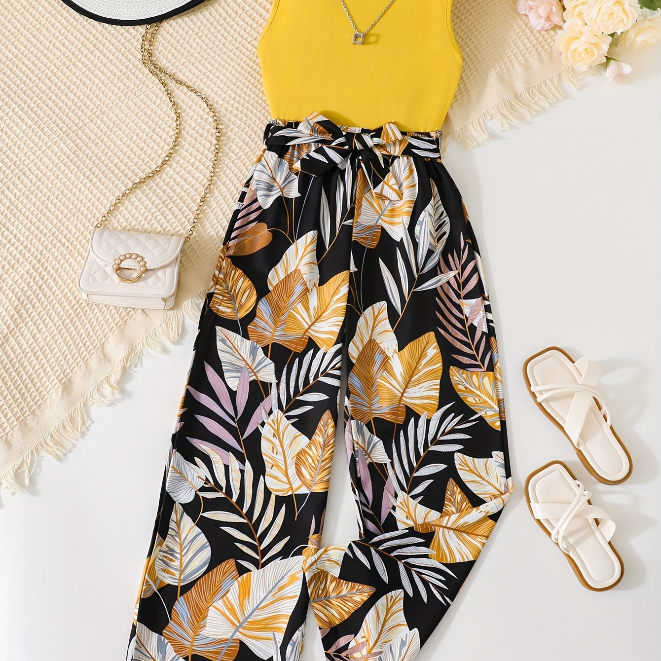 Stylish Resort Vest and Flare Pants Set for Summer Beach Fashion.