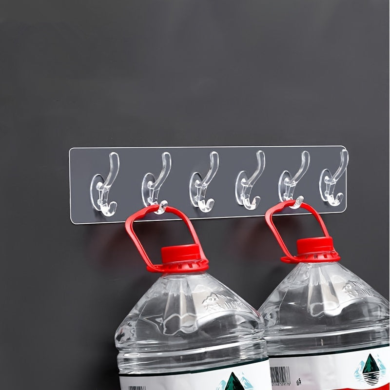 1 piece of No-Drill Row Coat Hooks, including Six-In-One and Three-In-One Transparent Adhesive Hooks for Hanging Clothes and Hats.