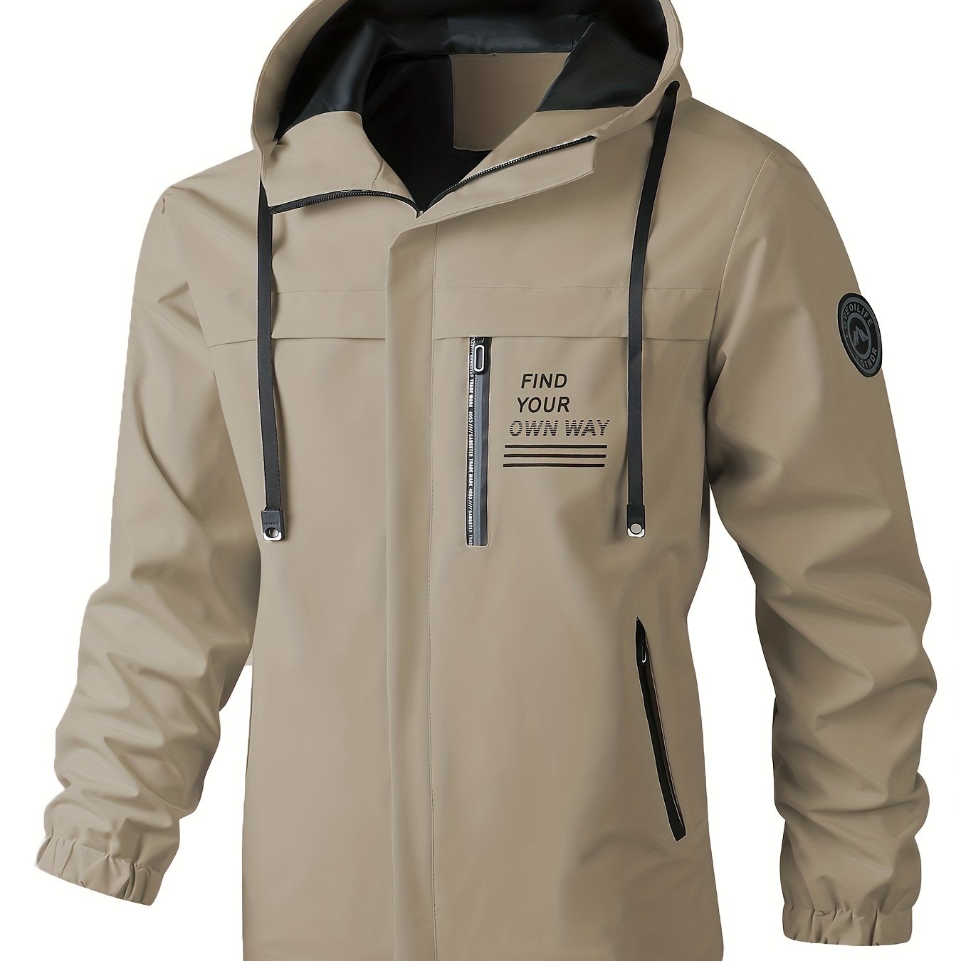 Men's hooded windbreaker jacket with zip pockets for travel and leisure.