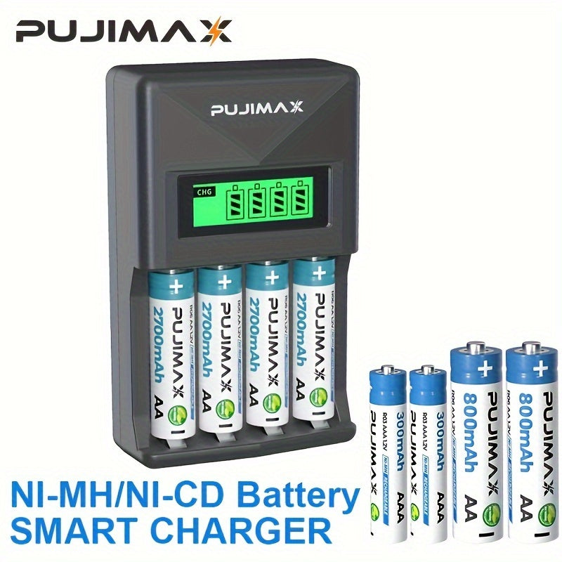 PUJIMAX USB Smart Battery Charger with 4 independent slots and LED display for fast charging of AA/AAA Ni-MH/Ni-CD batteries. Durable design, batteries not included.