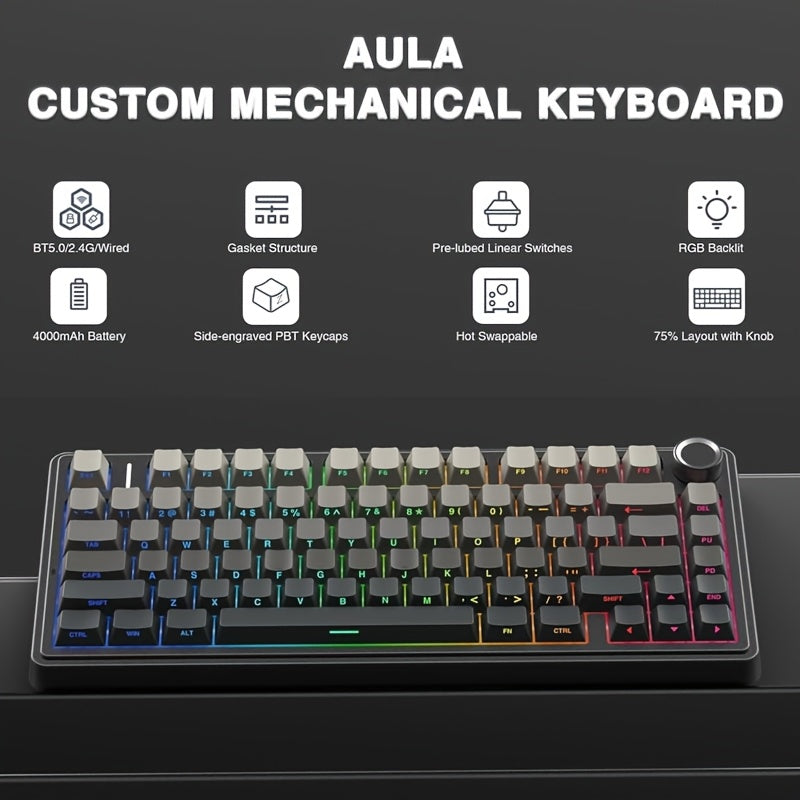 AULA Custom Mechanical Keyboard with LEOBOG Reaper Switch, 75% size, hot-swappable keys, RGB backlighting, Wireless/2.4GHz/USB-C connectivity, ergonomic design, rechargeable lithium polymer