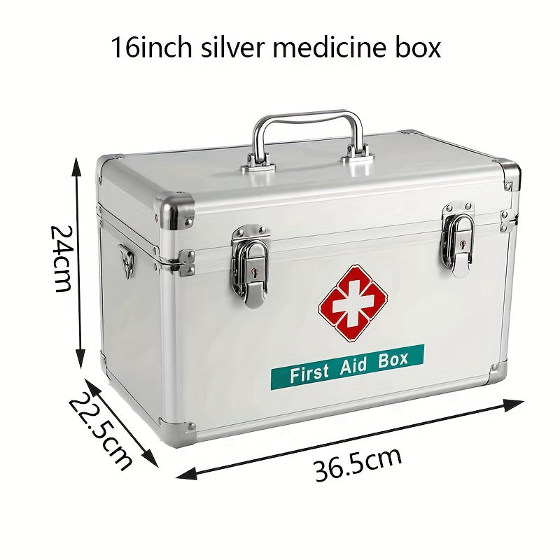 Portable aluminum first aid kit with multiple storage layers for indoor and outdoor use.