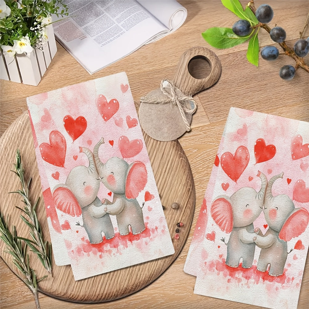 Set of 2 Ultra Soft Kitchen Towels with Cute Cartoon Elephants Embracing Design, Super Absorbent & Easy to Clean Dish Hand Towels, Ideal for Valentine's Day Decoration, Size 40.64x60.96 cm, Dish Towels