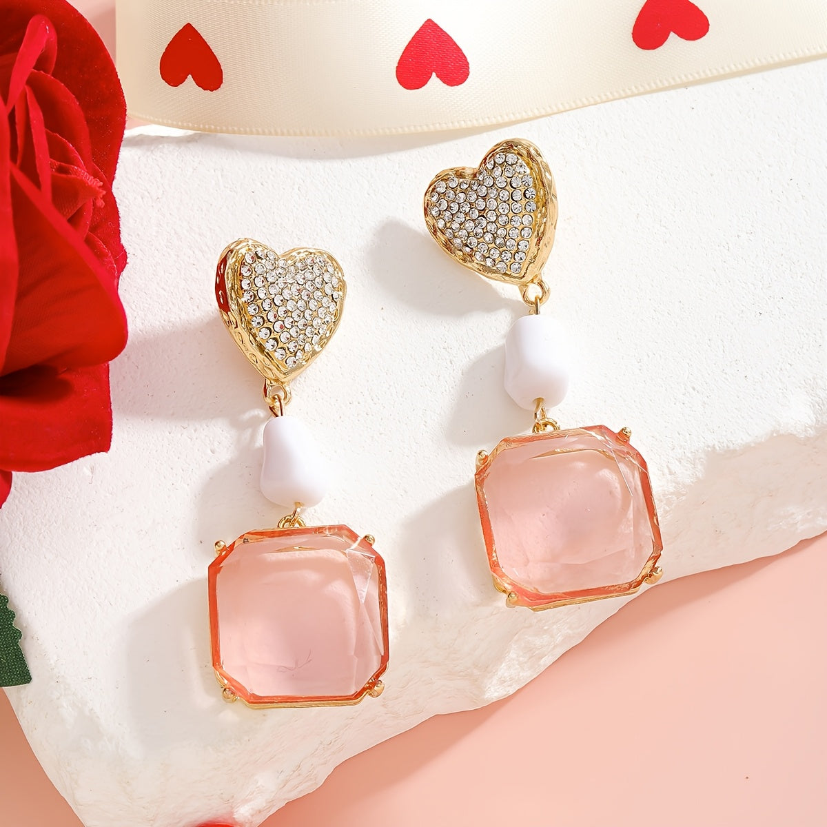 Stylish Valentine's Day Rhinestone Flower & Heart Dangle Earrings in Sweet Pink Zinc Alloy Drop style, featuring Stainless Steel Posts. These Luxury Fashion Earrings for Women are ideal for parties and as gifts.