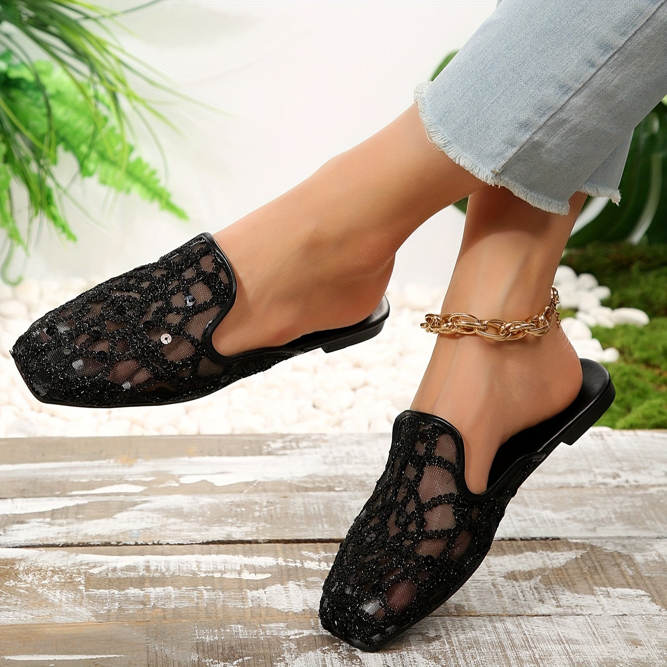 Women's Sequins Decor Flat Mules, Slip On Square Toe Shoes, Lightweight & Breathable Mesh Shoes