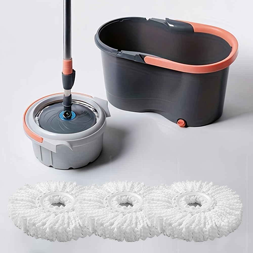 The Spin Mop and Bucket Set includes 3 replacement heads and features stainless steel construction. It can be used for both wet and dry cleaning on hardwood, tile, and marble floors. The easy water separation system ensures efficient cleaning.