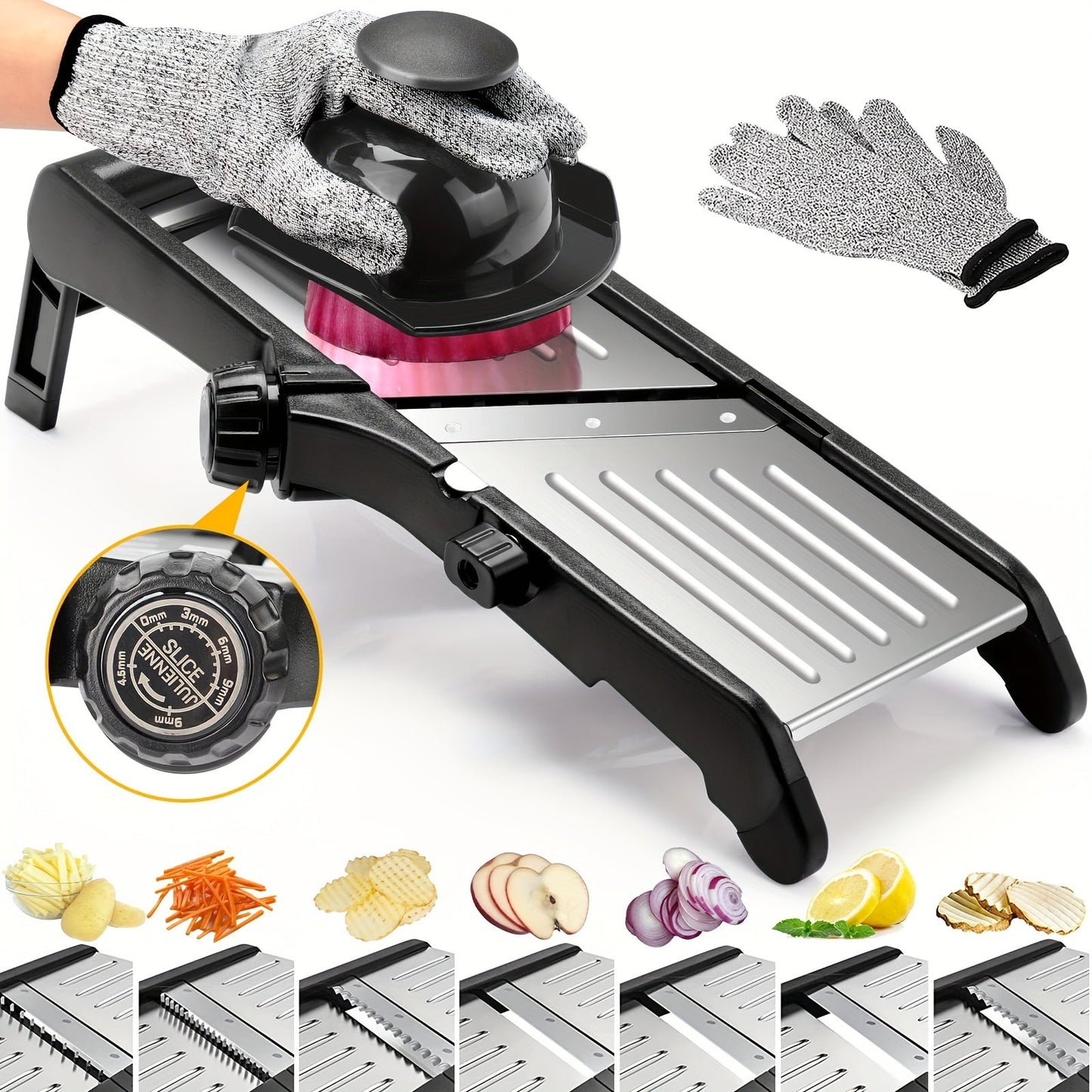 Manual Vegetable Cutter with Safe Hand Holder and Gloves for Kitchen - Onion Potato Chip French Fry Slicer, 7-in-1 Adjustable Stainless Steel Mandoline Food Slicer