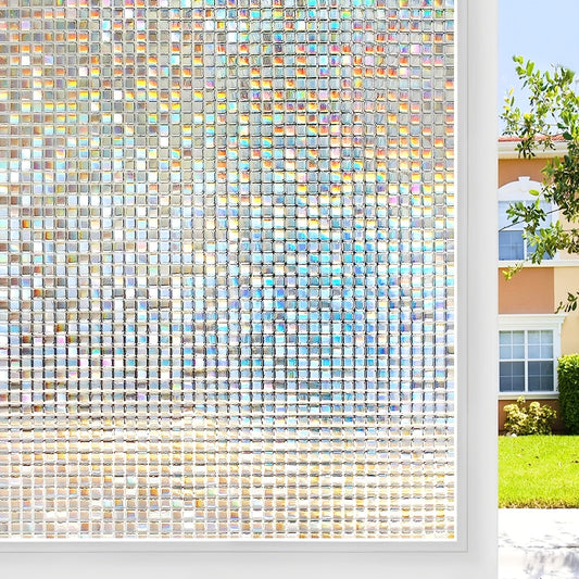 Frosted Retro Mosaic Grid Privacy Glass Film provides heat insulation with adhesive-free application. This semi-transparent film offers sun protection and can be used as window decals or stickers. Perfect for adding decoration to your bathroom or door