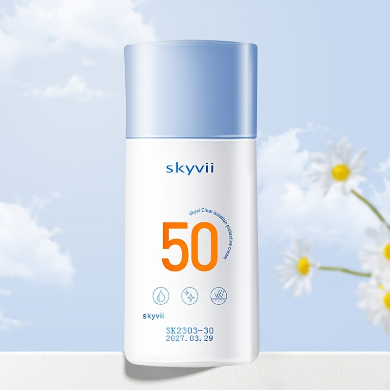 SPF50+ Sunscreen Cream with hydrating isolation for daily protection. Non-greasy matte finish, primer base with light cream texture.