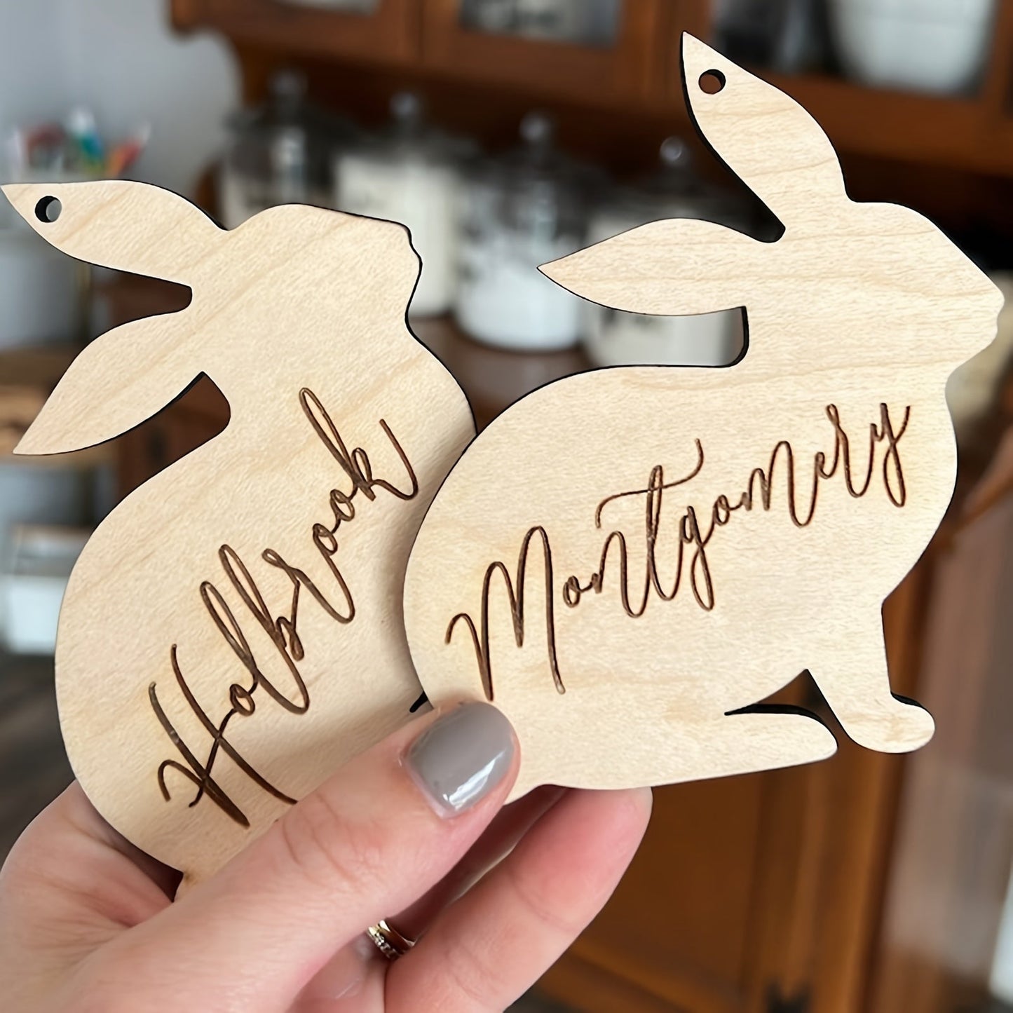 Engraved Wooden Easter Basket Tag with Bunny Design - Customizable Name Label with Ties, Ideal for Gifts and Memorabilia