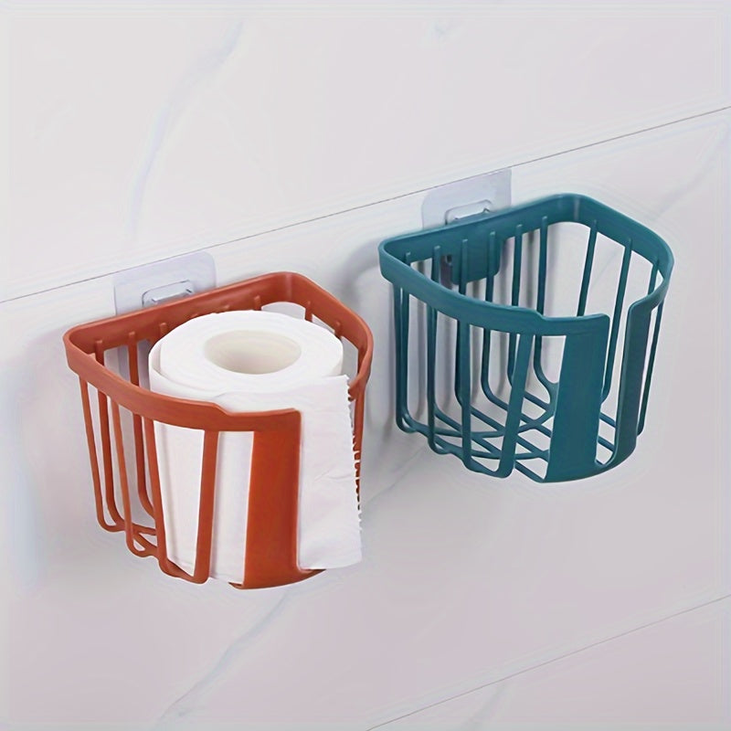 Wall-mounted toilet paper holder with punch-free installation, storing toilet tissue and roll paper for a stylish bathroom.