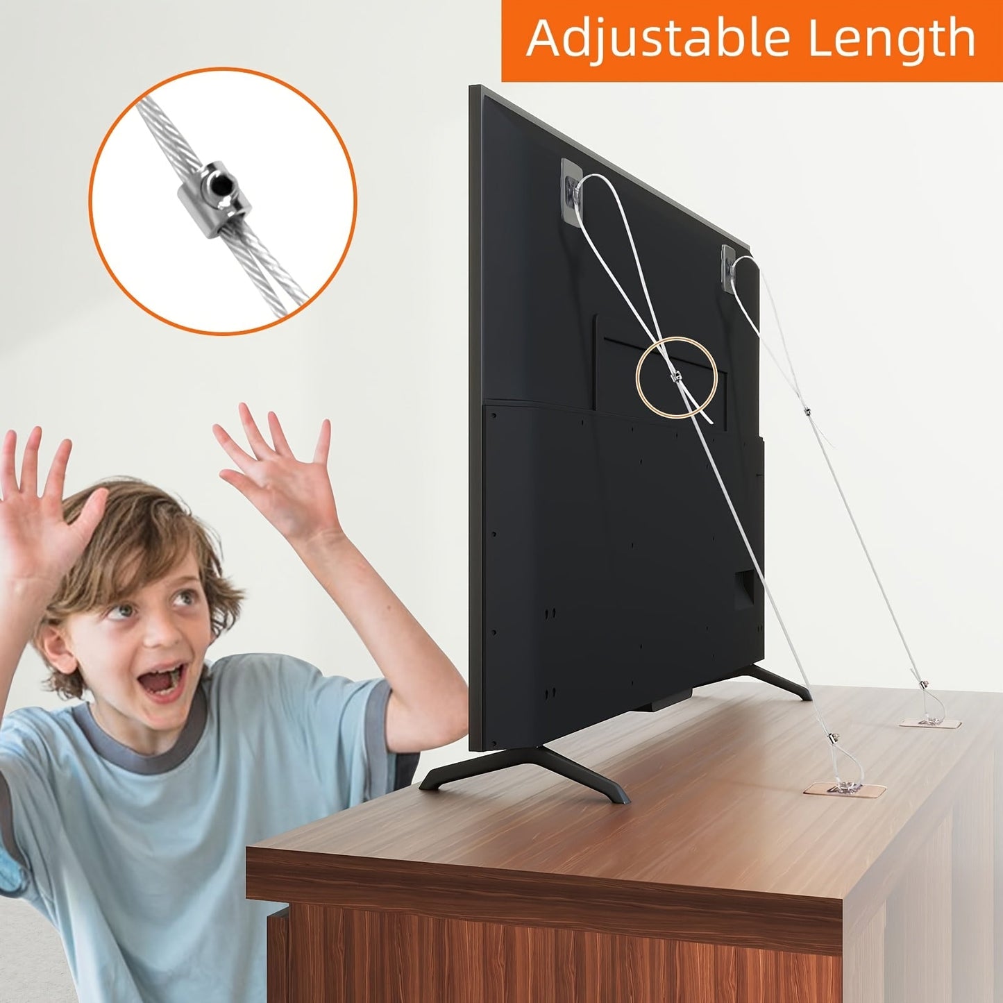 Secure your flat screen TV with the Adjustable 40-inch TV Fixing Strap. This drilling-free adhesive anti-tip furniture wall anchor prevents furniture from falling and ensures the safety of your TV. Use this adhesive cabinet anti-fall wall strap for added