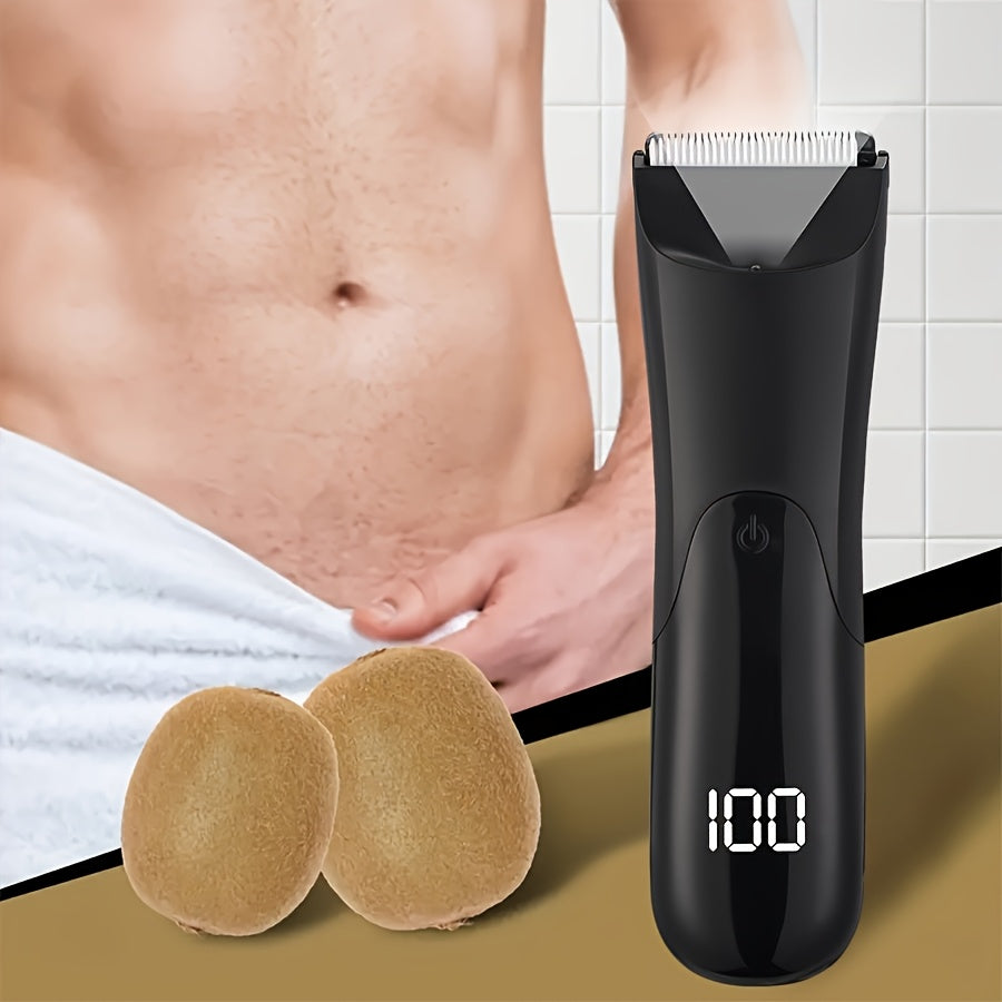 Men's electric trimmer with ceramic blade head, USB rechargeable, for grooming groin and body hair. Comes with 2 protective cover kits and can be used for beard, legs, chest, back, and