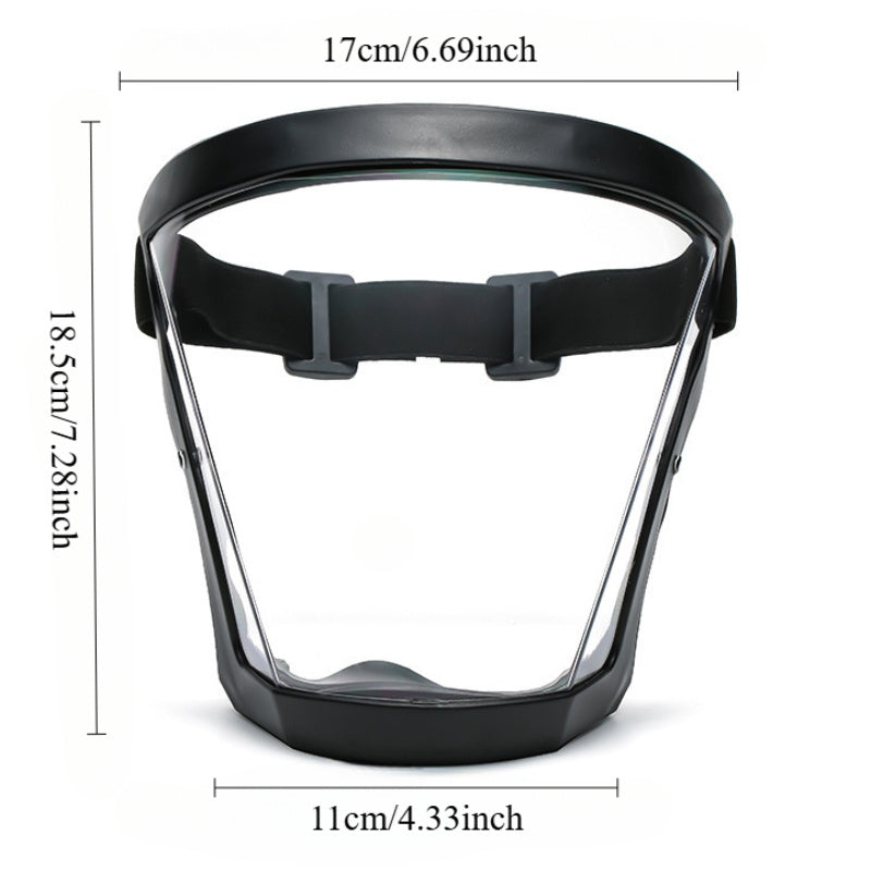 Transparent full-face mask for outdoor, parties, and kitchen safety. Stylish, anti-fog, dustproof, and waterproof.