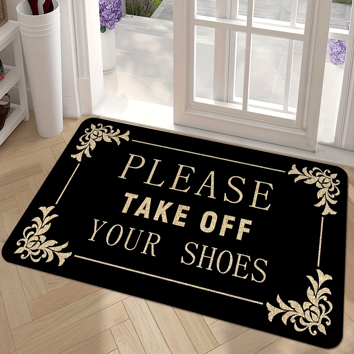 1 piece of "Please Remove Your Shoes" Welcome Mat made of polyester with a non-slip PVC backing. Perfect for front doors, kitchens, gardens, patios, porches, and machine washable for easy cleaning.