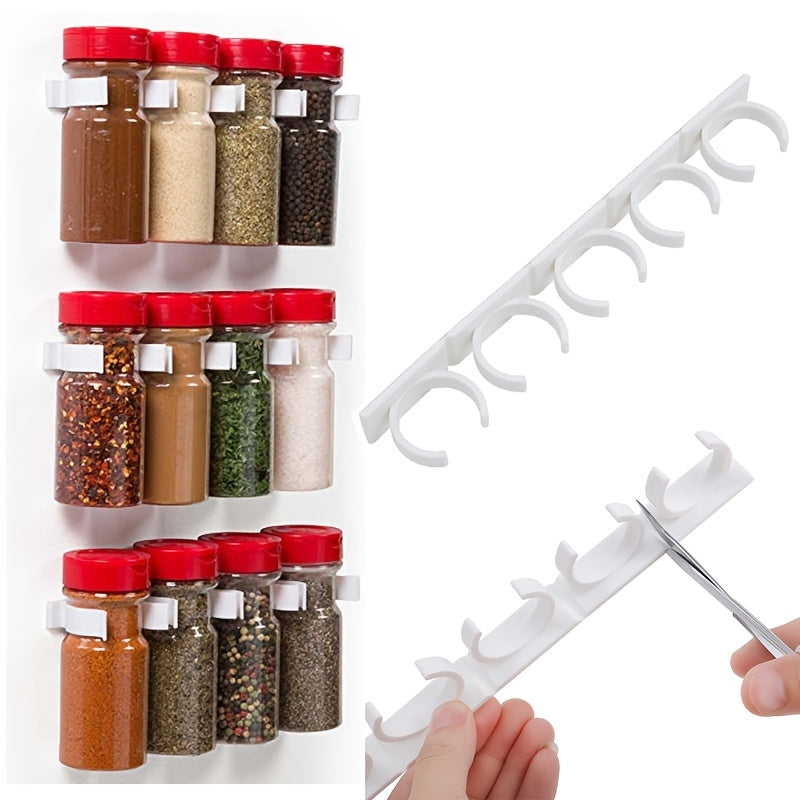 Adjustable Plastic Kitchen Spice Bottle Holder with Wall-Mounted Adhesive Hooks, Small Storage Rack, White - No Batteries Needed